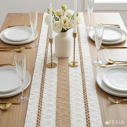 FEXIA Boho Table Runner for Hoilday Spring Home Decor Farmhouse Rustic Table Runner Macrame Burlap Coffee Table Decor House Decoration for Living Room Bridal Shower (12x72 Inches)