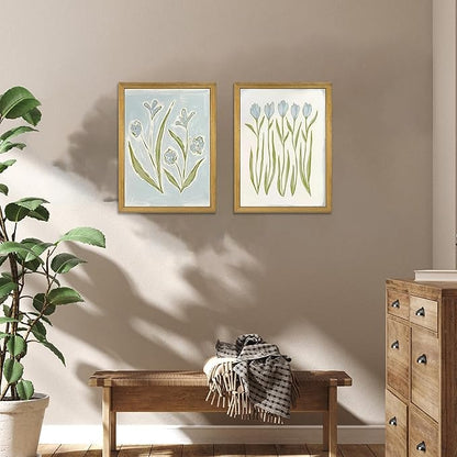 wanyun Blue Tulip Flower Wall Art Set of 2, Watercolor Floral Preppy Canvas Poster Prints, Modern Botanical Painting Aesthetic Picture for Living Room Bedroom Bathroom Apartment Wall Decor 12x16 Inch Framed