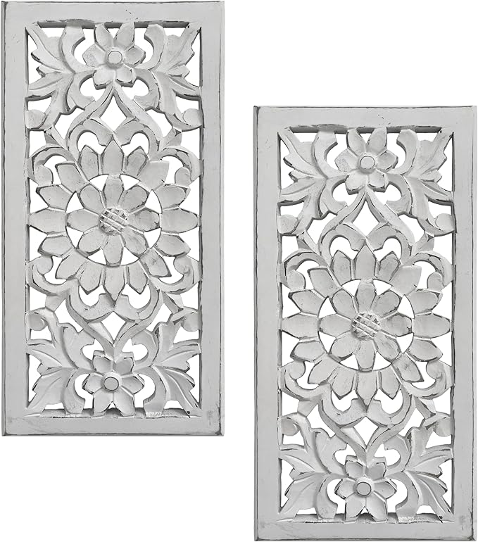 Wood Wall Art - Wall Panels in Handcrafted Carved Wood For Livingroom Bedroom,Dining room,Elegant Decorative Wall Art for Home & Office 8x16" Set of 2 White Antique_Flowers Designs