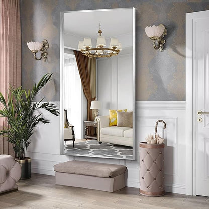 CIRCUMI Silver Bathroom Mirror, 72"x36" Rectangular Mirror with Deep Metal Frame, Brushed Finish, Tempered Glass, Large Mirror for Wall, Over 2 Sinks, Installed Vertically/Horizontally, Crystal-Clear