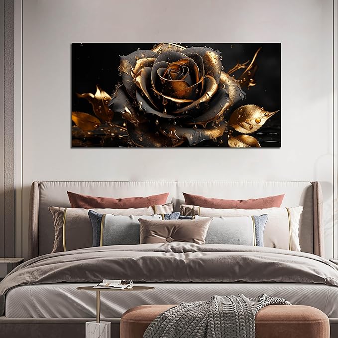 Ouzzlie Large Black Canvas Art for Bedroom Rose Wall Art Flower Picture Gold Wall Decor Artwork for Living Room Office 24" x 48"