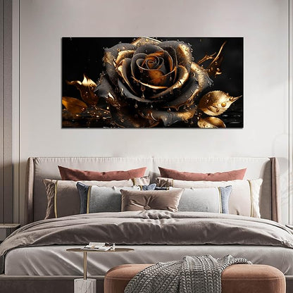 Ouzzlie Large Black Canvas Art for Bedroom Rose Wall Art Flower Picture Gold Wall Decor Artwork for Living Room Office 24" x 48"