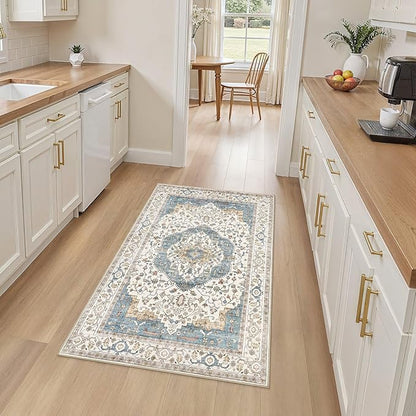 3x5 Washable Entryway Rug: Non-Slip Soft Vintage Floral Indoor Area Rug for Living Room Large Kitchen Entryway Bedroom Bedside, Door Mat Throw Carpet for Laundry Foyer Home Decor (Blue)