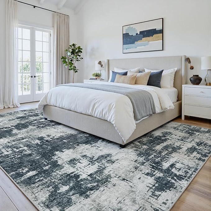 Area Rug 9x12 Living Room Rug Washable: No-Slip Abstract Soft Thin Large Black Rugs, Indoor Floor Stain Resistant Modern Carpet for Bedroom Dining Room Farmhouse Nursery Home Office (Black, 9'x12')