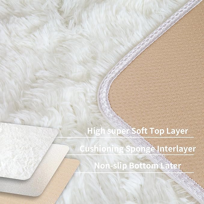 KCHOWUA Ceam White Fluffy Shag Large Area Rug for Living Room,5'x8' Machine Washable Furry Fuzzy Rugs for Bedroom,Modern Soft Shaggy Plush Cute Carpet for Kids Boys Girls Dorm Room Nursery,Ivory