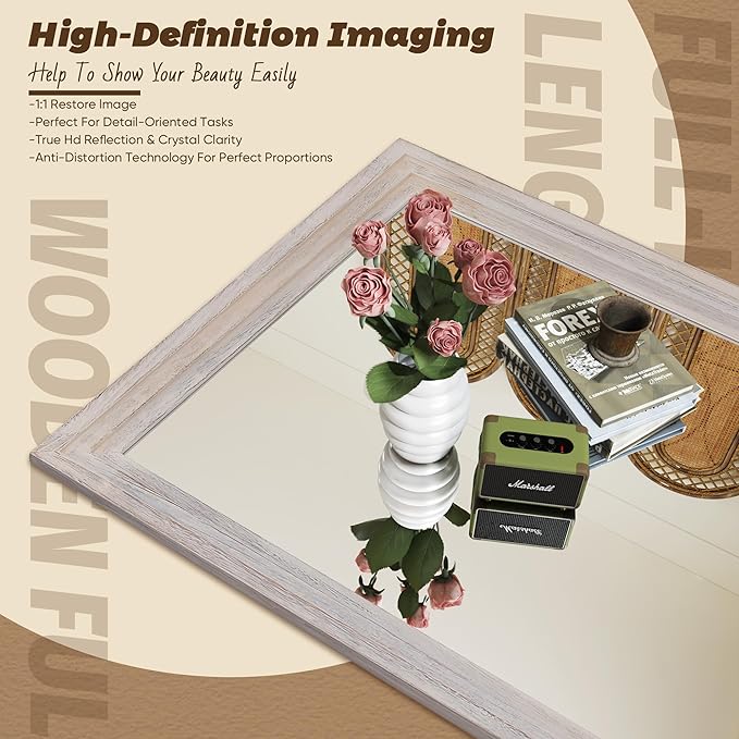Antok Full Length Mirror with Solid Wood Frame, 81"×41" Wall Mounted Oversized Floor Mirror with Stand, Leaning Standing Hanging for Bedroom Living Room Entryway, White, Rect Style