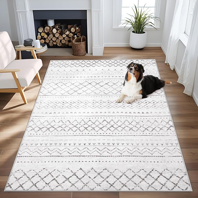 Area Rug 3x5 Geometric Rug: Washable Boho Moroccan Rugs Soft Farmhouse Rug, Modern Neutral Stain Resistant Indoor Floor Carpet for Livingroom Bedroom Dining Table Nursery(Dark Grey,3X5)