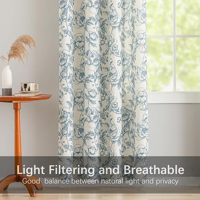 Blue Floral Curtains for Bedroom Living Room,63 Inch Length Linen Blend Curtains with Vintage Peony,Privacy Light Filtering Farmhouse Drapes Grommets 2 Panels Set, 50" W X 63" L,Navy Blue