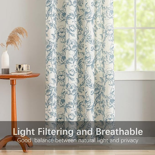 Blue Floral Curtains for Bedroom Living Room,63 Inch Length Linen Blend Curtains with Vintage Peony,Privacy Light Filtering Farmhouse Drapes Grommets 2 Panels Set, 50" W X 63" L,Navy Blue