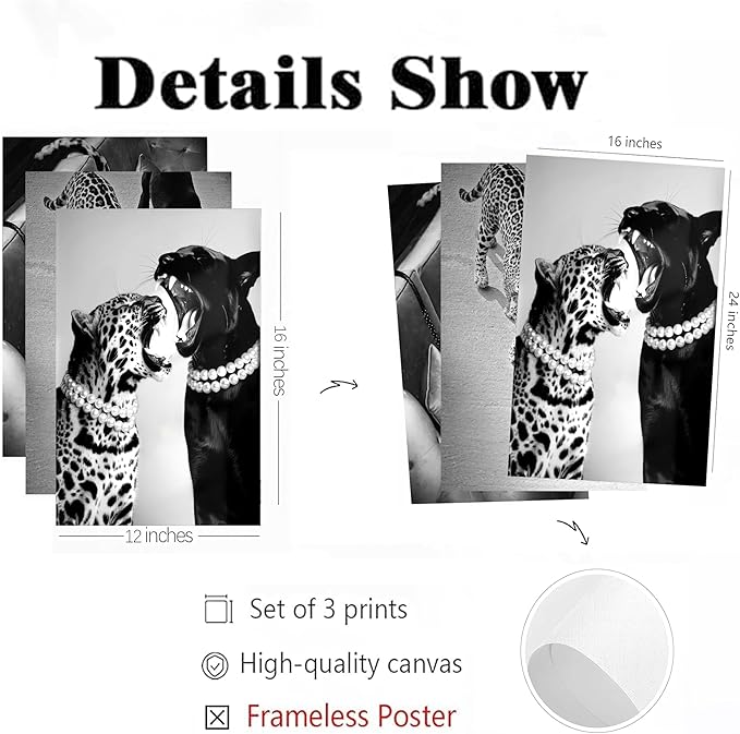 3 Pcs Black and White Cheetah Canvas Wall Art Vintage Trendy Wild Leopard Painting Picture Wall Decor Poster Print Artwork for Bedroom Living Room Apartment Home Decoration (16L x12W-Poster)