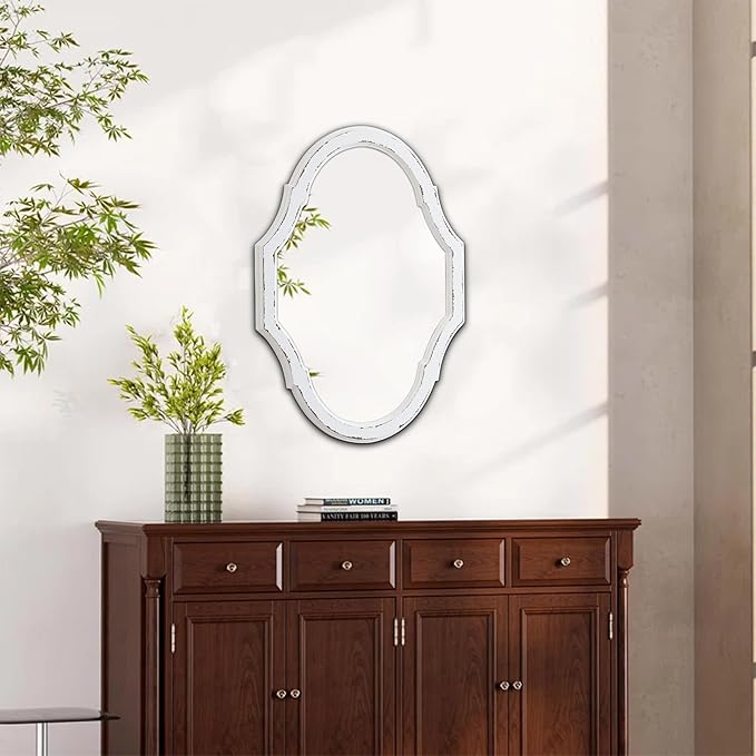 Vintage Oval Bathroom Mirror 22 X 30 Inch, Hanging Distressed White Rustic Scalloped Decorative Wall Mirrors, Unique Wood Mirrors for Wall Decor Living Room Entryway, Horizontal or Vertical