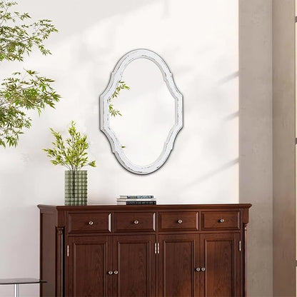 Vintage Oval Bathroom Mirror 22 X 30 Inch, Hanging Distressed White Rustic Scalloped Decorative Wall Mirrors, Unique Wood Mirrors for Wall Decor Living Room Entryway, Horizontal or Vertical