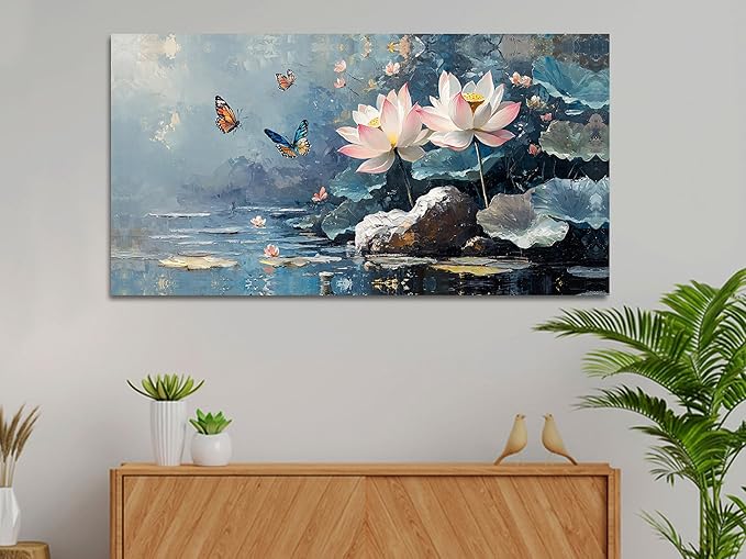 Ardemy Lotus Flower Wall Art for Living Room Butterfly Canvas Art Wall Decor, Floral Painting Textured Large Framed Picture Artwork Bedroom Kitchen Dining Home Office 48"x24"
