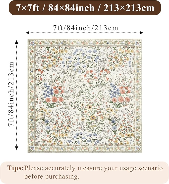 7x7 Vintage Floral Dining Room Rug - 7ft Square Low Pile Non Slip Machine Washable Area Rug, Indoor Carpet for Under Table/Bed Living Room Bedroom Office Nursery Entryway Playroom (7ft Square, Beige)