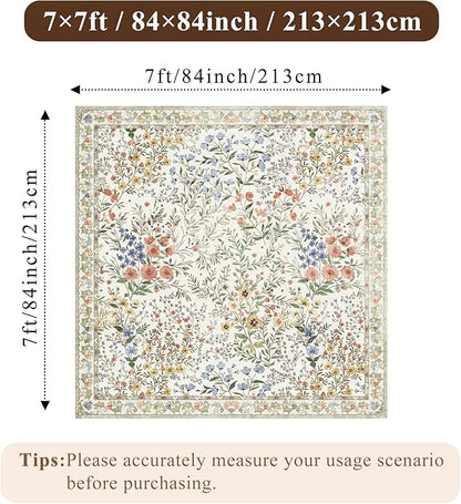 7x7 Vintage Floral Dining Room Rug - 7ft Square Low Pile Non Slip Machine Washable Area Rug, Indoor Carpet for Under Table/Bed Living Room Bedroom Office Nursery Entryway Playroom (7ft Square, Beige)