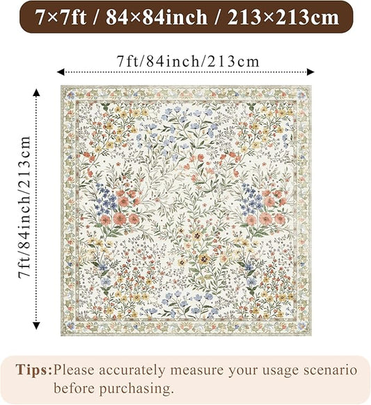 7x7 Vintage Floral Dining Room Rug - 7ft Square Low Pile Non Slip Machine Washable Area Rug, Indoor Carpet for Under Table/Bed Living Room Bedroom Office Nursery Entryway Playroom (7ft Square, Beige)