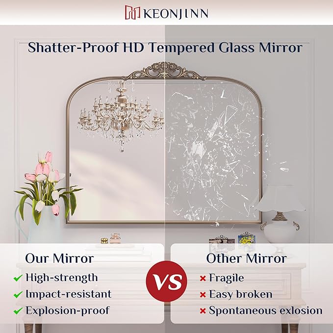 Keonjinn Brass Vintage Arched Mirror for Wall, 24" x 30" Antique Gold Mirrors with Metal Frame, Baroque Style Decoration for Mantle, Bathroom, Living Room, Fireplace, Bedroom, French Cleat Mounting
