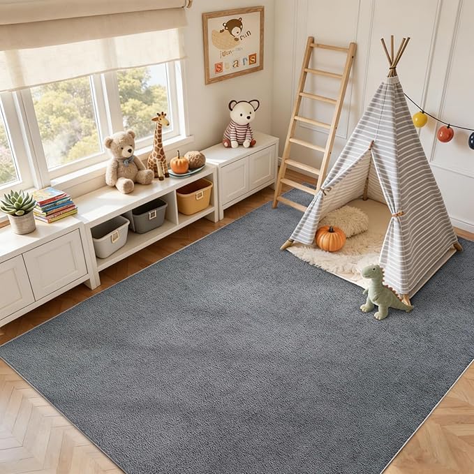 FinRèc 4x6 Washable Area Rugs for Bedroom Living Room, Low Pile Thin Rug Solid Color, Non-Slip Carpet Indoor for Home Decor (Pure Dark Grey)
