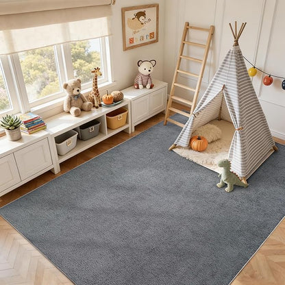 FinRèc 7x10 Washable Area Rugs for Bedroom Living Room, Low Pile Thin Rug Solid Color, Non-Slip Carpet Indoor for Home Decor (Pure Dark Grey)
