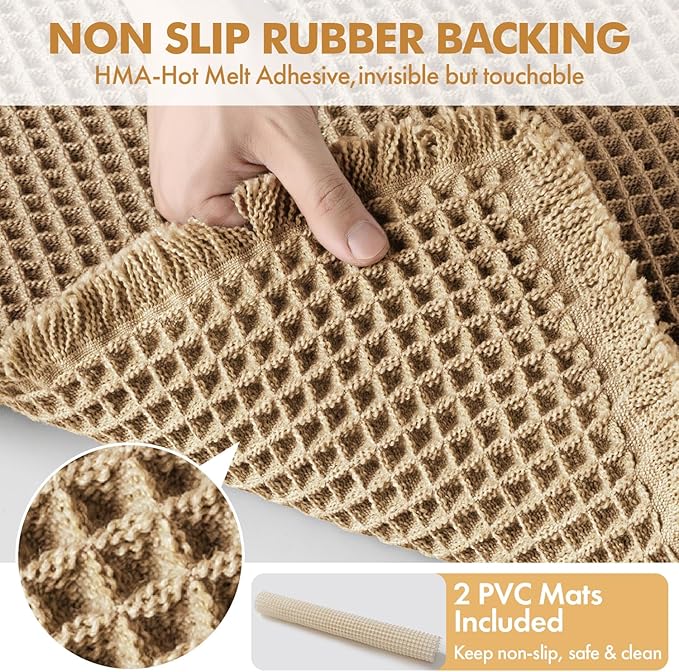 MIULEE Set of 2 Waffle Bathroom Runner Rugs, Boho Bath Rugs Non Slip Washable, Super Absorbent Runner Bath Mats, Rubber Backed Shower Mats for Hallway Bedroom Laundry Room, Brown, 2'x5'(24x60 Inch)