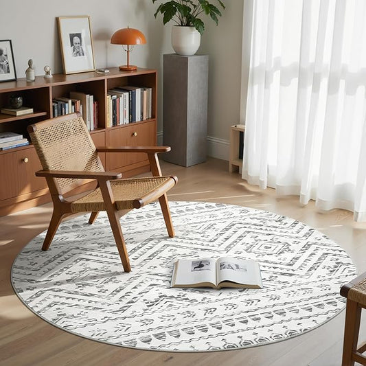 Miukiki Round Rugs 8ft Washable Moroccan Circle Rug for Living Room Non Slip Indoor Floor Carpet Foldable Area Rug for Dining Room with Low Pile(Grey,8'x8')