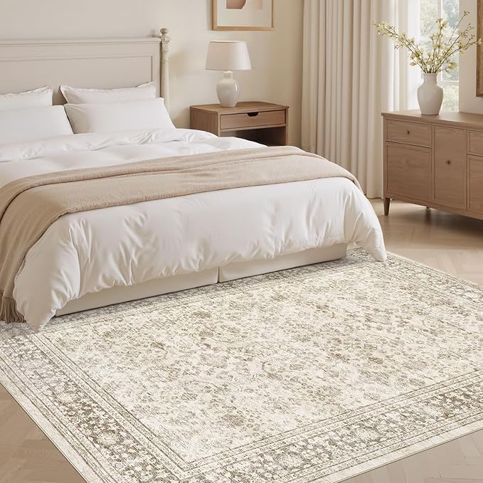 Area Rug 7x9 Washable Vintage - Soft Traditional Rugs for Living Room Large Non Slip Backing with Low Pile Farmhouse Oriental Retro Carpet for Bedroom Dining Room or Home Office - Yellowish Brown