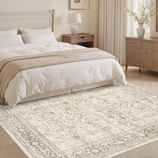 Area Rug 7x9 Washable Vintage - Soft Traditional Rugs for Living Room Large Non Slip Backing with Low Pile Farmhouse Oriental Retro Carpet for Bedroom Dining Room or Home Office - Yellowish Brown