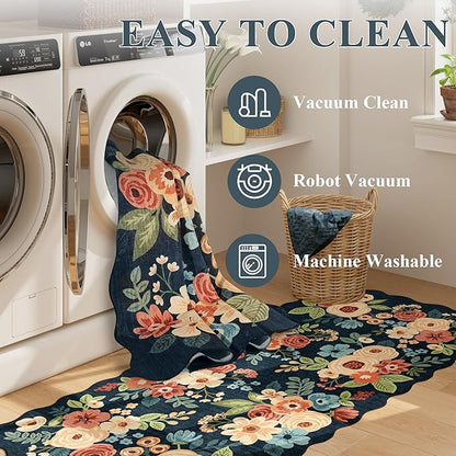 DUKINO 2x8 Washable Runner Rug, Lightweight Soft Floral Hallway Rug Runner with Low Pile Design, Non Shedding & Non Slip Backing Thin Indoor Carpet for Bedroom, Bathroom, Entrance, Kitchen, Navy Blue
