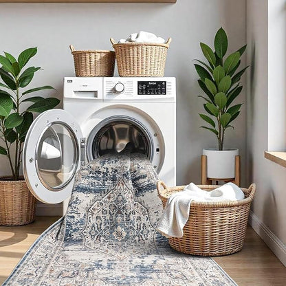 Washable Area Rugs 5x6 Entryway: Soft Ultra Thin Low Pile Mat Machine Washable Indoor Doormat Lightweight Entry Rug Anti Slip Backing Rugs for Living Room Bedroom Kitchen 5'x6' Blue