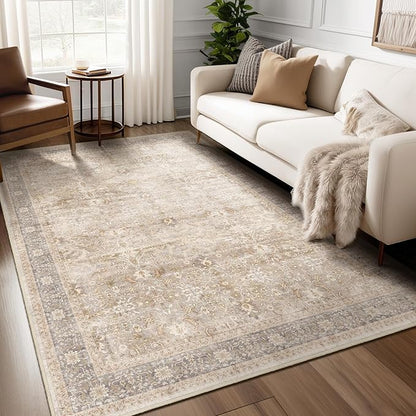 Washable Neutral 5x8 Area Rugs, Vintage Farmhouse Earth Tone Beige Taupe Carpet for Living Room Bedroom, Low Pile Thin Rug with Non Slip Rubber Backing for Dining Room Nursery Home Office