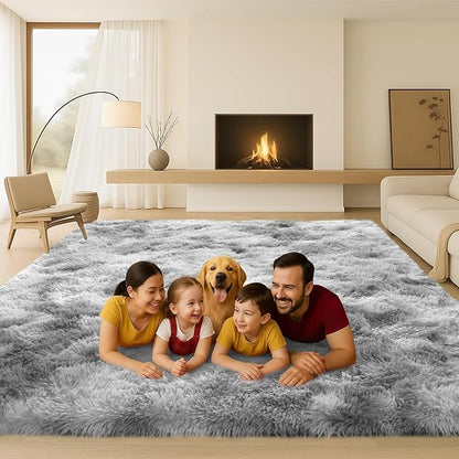 Large 9x12 Area Rug for Living Room, Soft Shag Rugs for Bedroom, Non-Slip Ultra Fluffy Rug,Modern Plush Carpet for Girls Boys Kids Room Dorm,Fuzzy Rug for Home Decor Aesthetic,Tie-Dyed Grey