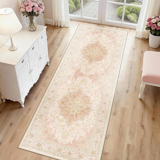 CAPALOCA Machine Washable Rugs Nursery Rug 2x6 Cute Girl Non Slip Low Pile Water Repellent Soft Print Pattern for Bedroom Indoor Decor Kids Playroom Pink Green