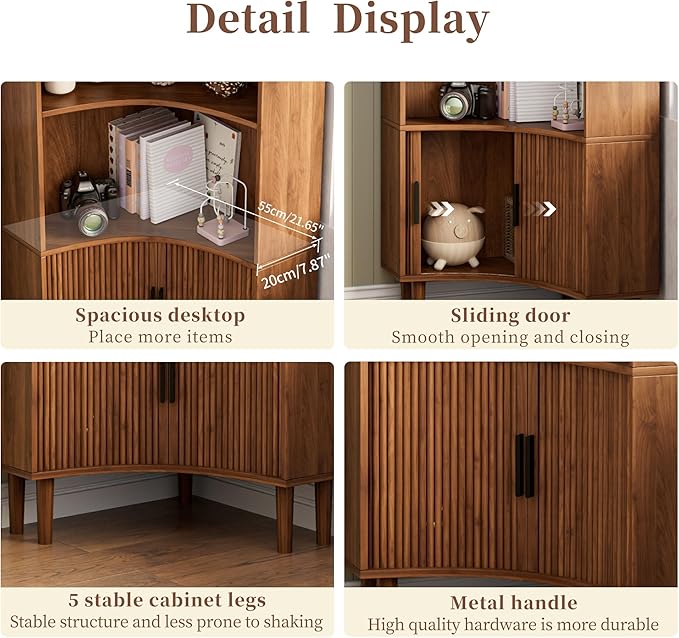 Lxsxlome Fluted Corner Cabinet, 66.928" Tall Corner Floor Cabinet with Sliding Doors and Shelves, Modern Wooden Freestanding Narrow Storage Organizer for Kitchen,Living Room (Walnut, 66.92" H)
