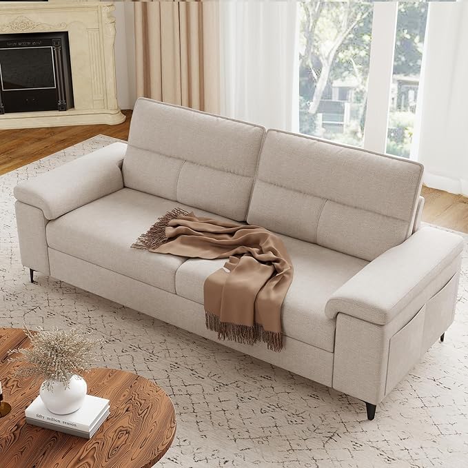 Upvilla 88.97" Modern Couches for Living Room, Deep Seat Sofa with 8” Cushion, Comfy 2-Seater Chenille Loveseat Sofa with Convertible Armrest, Removable Sofa Cover, High Leg (Beige)