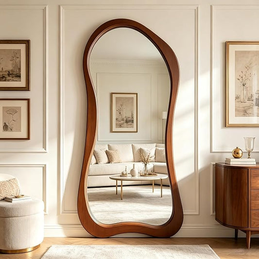 Large Irregular Mirror, 67"x31.5" Asymmetrical Full Length Mirrors with Solid Wood Frame, Premium Aesthetic Floor Mirror for Living Room Entryway Hallway Bedroom Cloakroom, Leaning/Hanging