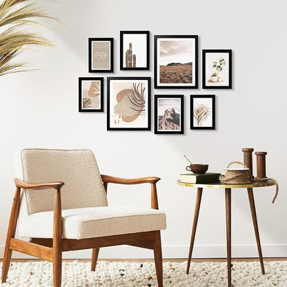 ArtbyHannah Gallery Wall Frame Set,Black Picture Frames Collage Wall Decor with Neutural Art for Living Room Stariway,8 Pack Assorted Size 8"x10",5"x7",4"x6", Small