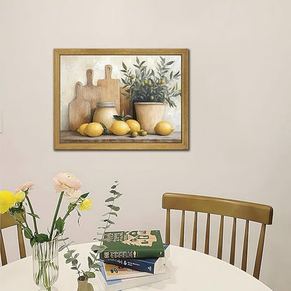 Wood Framed Vintage Kitchen Wall Art, Yellow Lemon Still Life Wall Decor Oil Paintings, Rustic Farmhouse Artwork Canvas Posters Prints Pictures for Living Room Bedroom Home Decor 12x16 Inch