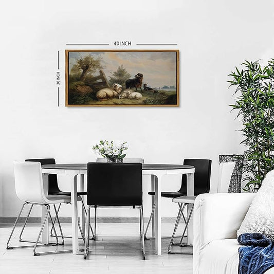 Rustic Sheep Canvas Wall Art Framed Vintage Country Pasture Animal Pictures Farmhouse Meadow Field Prints Painting Cottagecore Countryside Poster Artwork for Bedroom Living Room Home Decoration 20x40