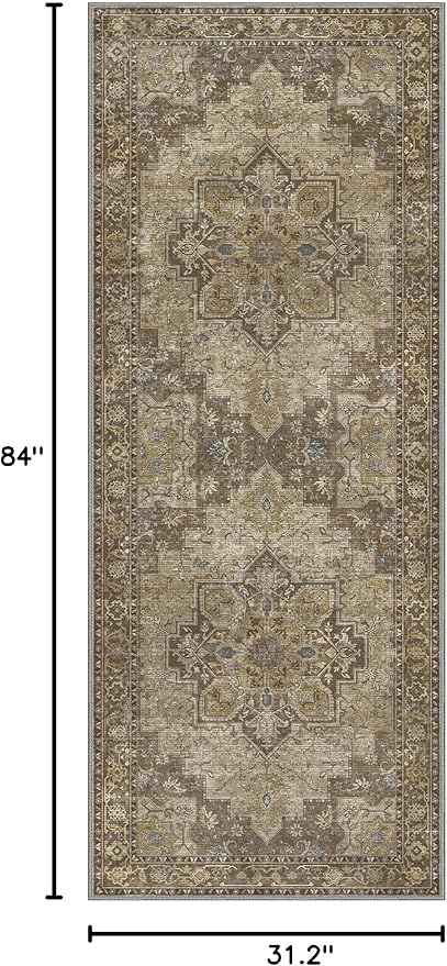GENIMO 2'6''x7 Runner Rugs for Hallway, Machine Washable Non Slip Vintage Rugs, Low Pile Lightweight Soft Print Rug for enrtyway, Corridor, Home Office, Kitchen, Rustic Brown
