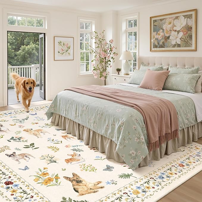Soalmost Dog 9x12 Area Rugs for Living Room, Machine Washable Animal Floral Vintage Rug Non-Slip Low Pile Soft Throw Large Rugs for Classroom Bedroom Dining Room Nursery Playroom (9 x 12,Beige)