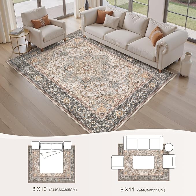 EIEIHOUSE Washable Area Rugs for Living Room - 8x10 Neutral Vintage Distressed Floral Farmhouse Boho Large Soft Floor Rug Indoor Non Slip Carpet for Bedroom Dining Room Office -Forest Green Orange