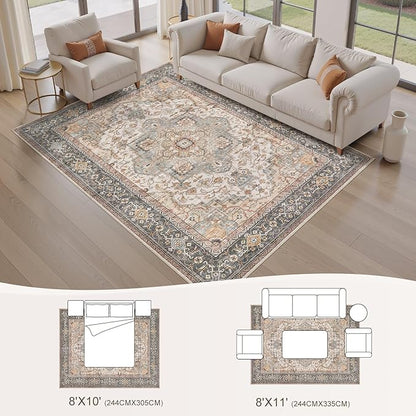 EIEIHOUSE Washable Area Rugs for Living Room - 8x10 Neutral Vintage Distressed Floral Farmhouse Boho Large Soft Floor Rug Indoor Non Slip Carpet for Bedroom Dining Room Office -Forest Green Orange