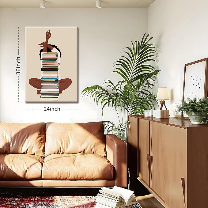 AKWISH Black Girl Canvas Wall Art – African American Wall Decor, Modern Black Woman with Book Art for Bedroom Living Room – Framed 36x24 inch