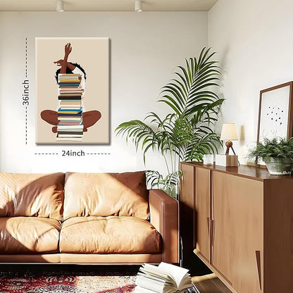 AKWISH Black Girl Canvas Wall Art – African American Wall Decor, Modern Black Woman with Book Art for Bedroom Living Room – Framed 36x24 inch
