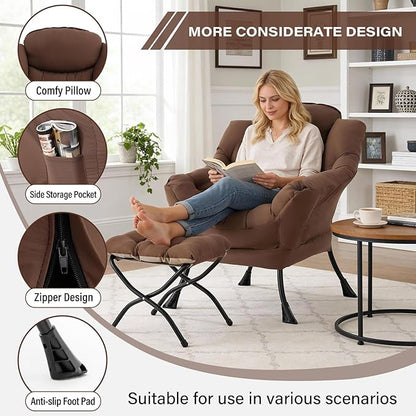 MBOOYOME Lazy Chair with Folding Ottoman, Modern Accent Armchair with Armrests and a Side Pocket & Foldable Footstool, Reading Chair for Living Room, Bedroom, Dorm & Office, Dark Brown