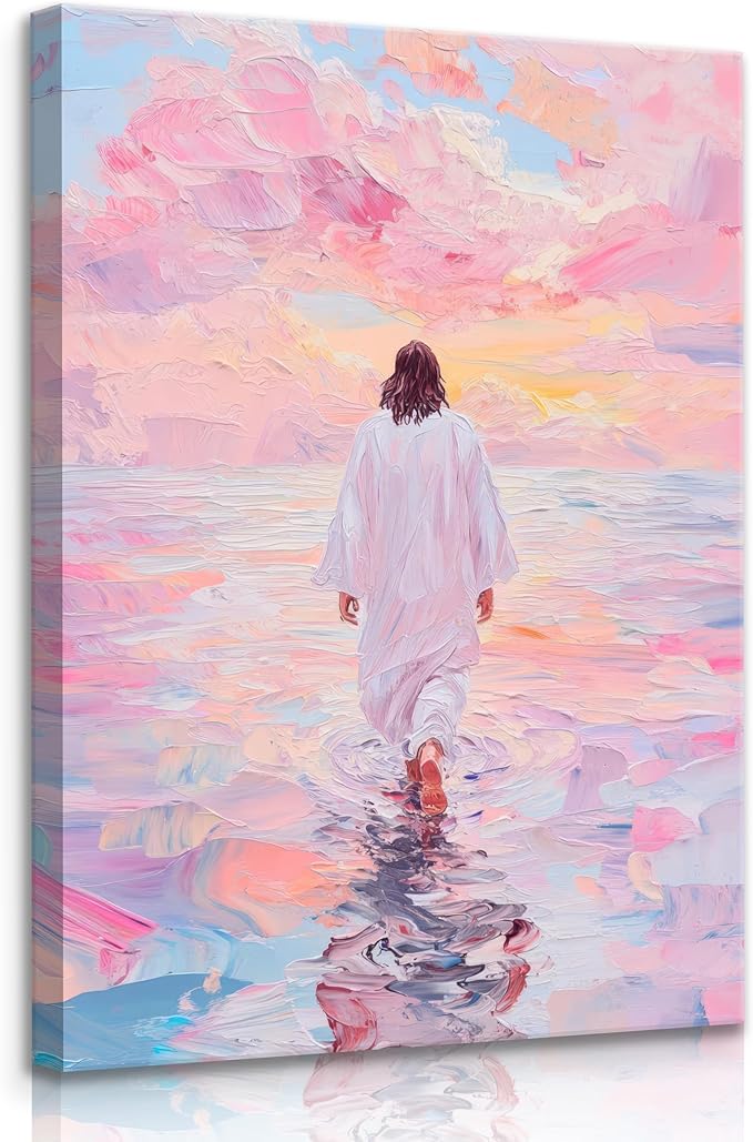 Jesus Canvas Wall Art Pink Jesus Walks on Water Canvas Paintings Prints Religious Savior Wall Decor Christian Bible Stories Poster printing Artwork for Living Room Bedroom Church Decoration 12x16in
