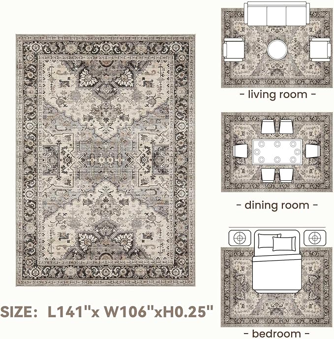 Area Rug for Living Room - 9x12 Soft Machine Washable Oriental Vintage Floral Distressed Large Indoor Floor Carpet for Bedroom Under Dining Table Home Office Decor - Brown