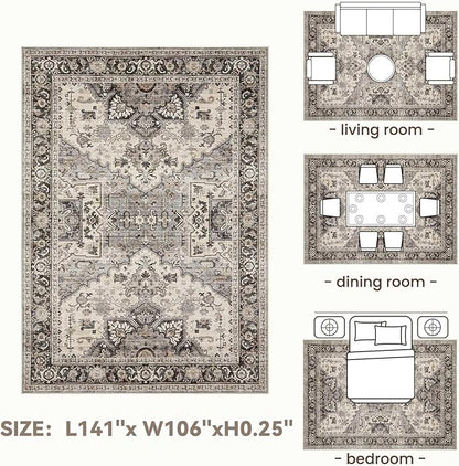 Area Rug for Living Room - 9x12 Soft Machine Washable Oriental Vintage Floral Distressed Large Indoor Floor Carpet for Bedroom Under Dining Table Home Office Decor - Brown