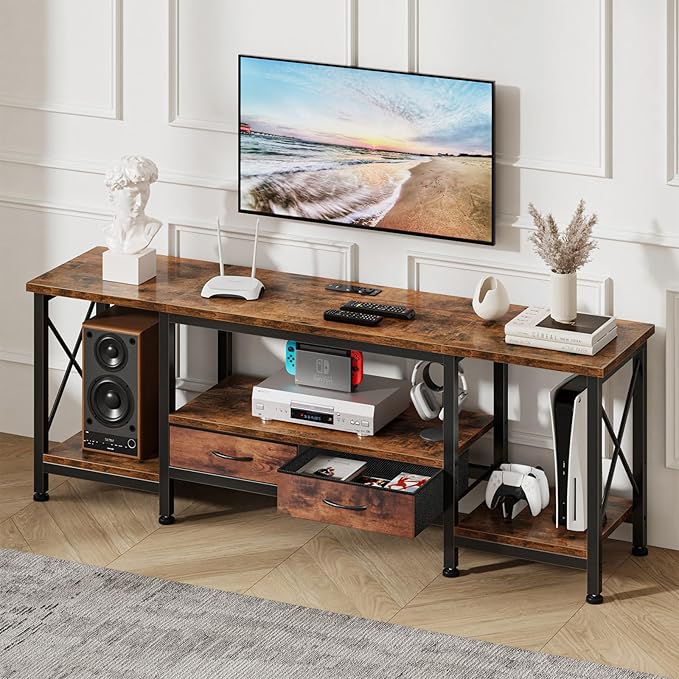 DUMOS 63” TV Stand with Power Outlets, Entertainment Center for TVs Up to 75 Inches, Industrial Media Console with Fabric Drawers and Open Shelves, Rustic Brown TV Table for Living Room, Bedroom
