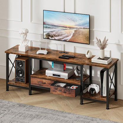 DUMOS 63” TV Stand with Power Outlets, Entertainment Center for TVs Up to 75 Inches, Industrial Media Console with Fabric Drawers and Open Shelves, Rustic Brown TV Table for Living Room, Bedroom